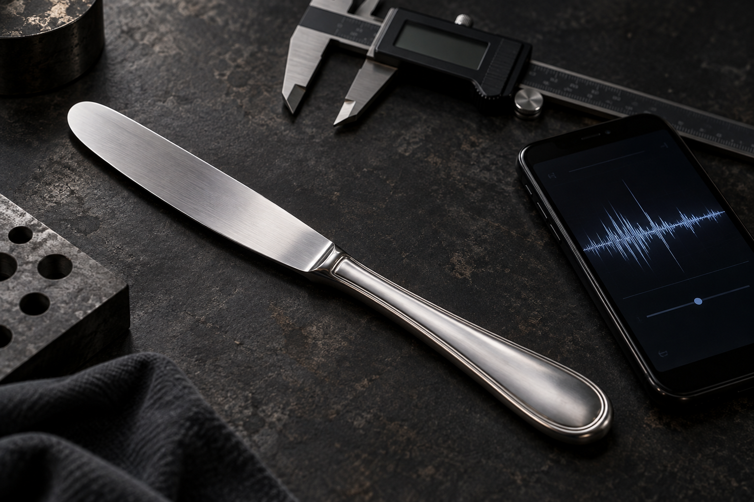 Table knife beside calipers and acoustic waveform